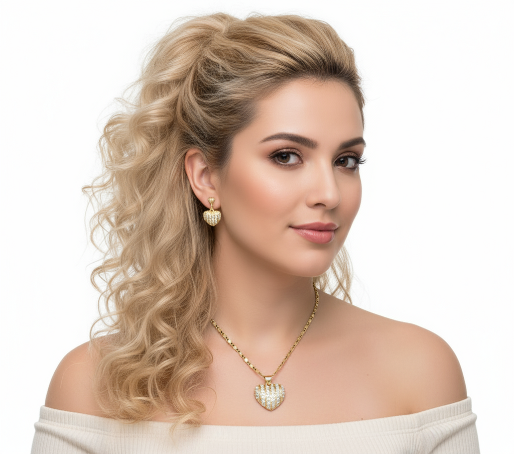 18K Gold Filled Heart of Venice Domed Pavé Heart Necklace & Earrings Set