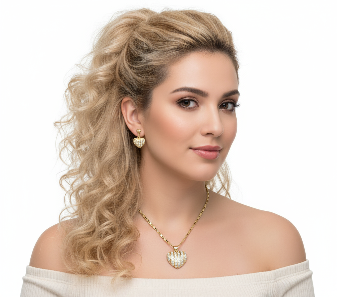 18K Gold Filled Heart of Venice Domed Pavé Heart Necklace & Earrings Set