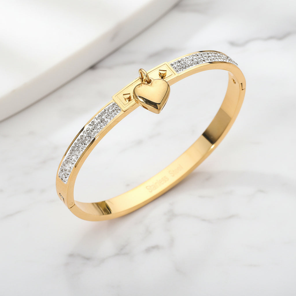 Kara Charm CZ Hinged Bangle Bracelet Stainless Steel