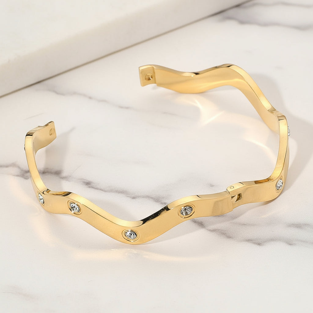 Wavy Ribbed Stainless Steel Bangle | Gold & Silver Wave Design with CZ