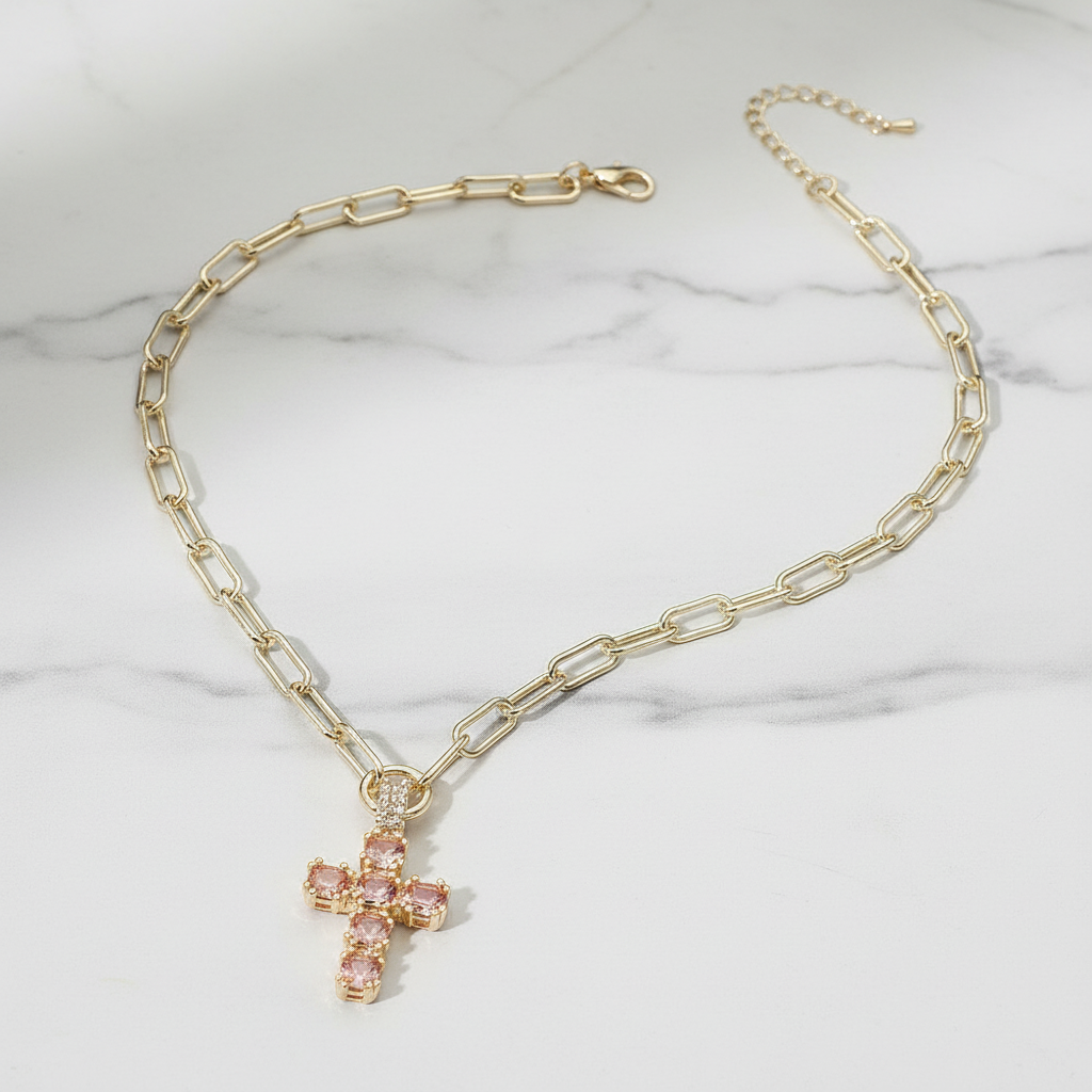 CZ Cross Paperclip Chain Necklace