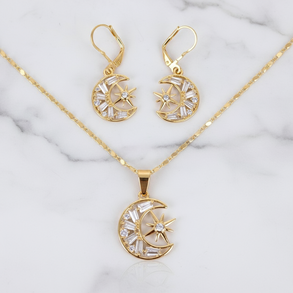 18K Gold-Filled Celestial Moon & Star Set | Baguette CZ Lunar Necklace & Earrings