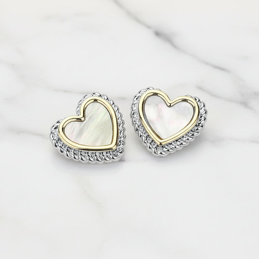 Ivory Aura Heart Stud Earrings | Two Tone Mother of Pearl