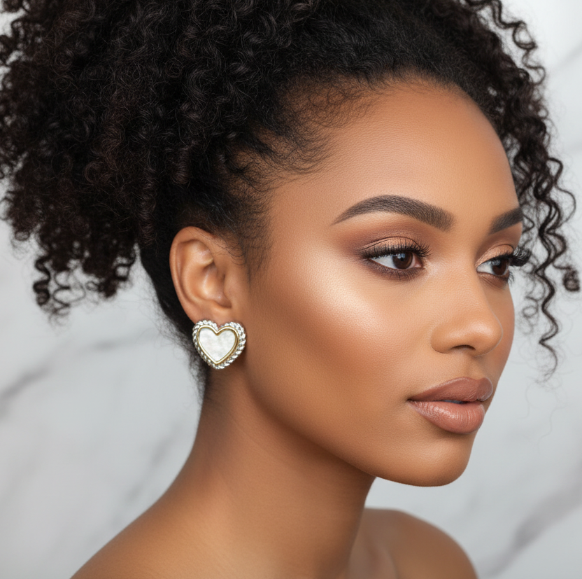 Ivory Aura Heart Stud Earrings | Two Tone Mother of Pearl