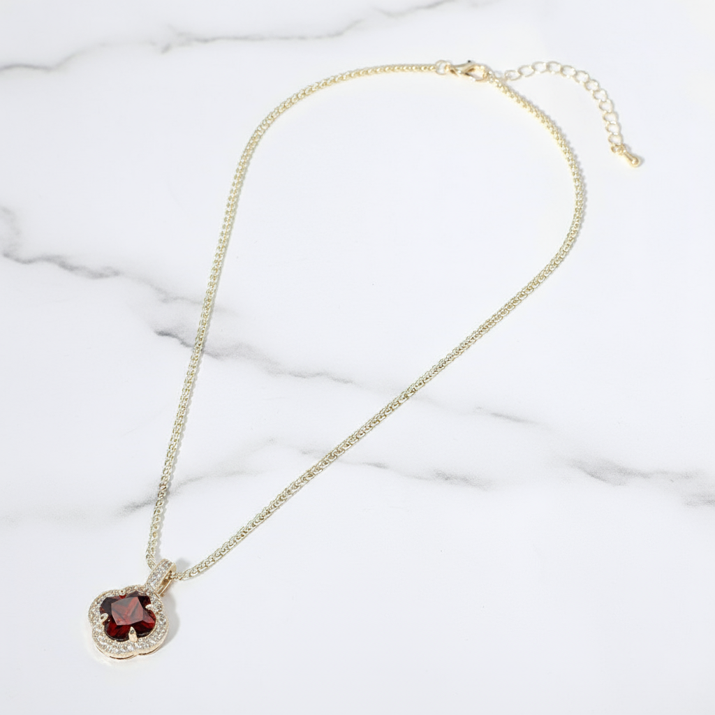 Garnet Clover Pavé Necklace 14K Gold Plated Quatrefoil CZ Pendant
