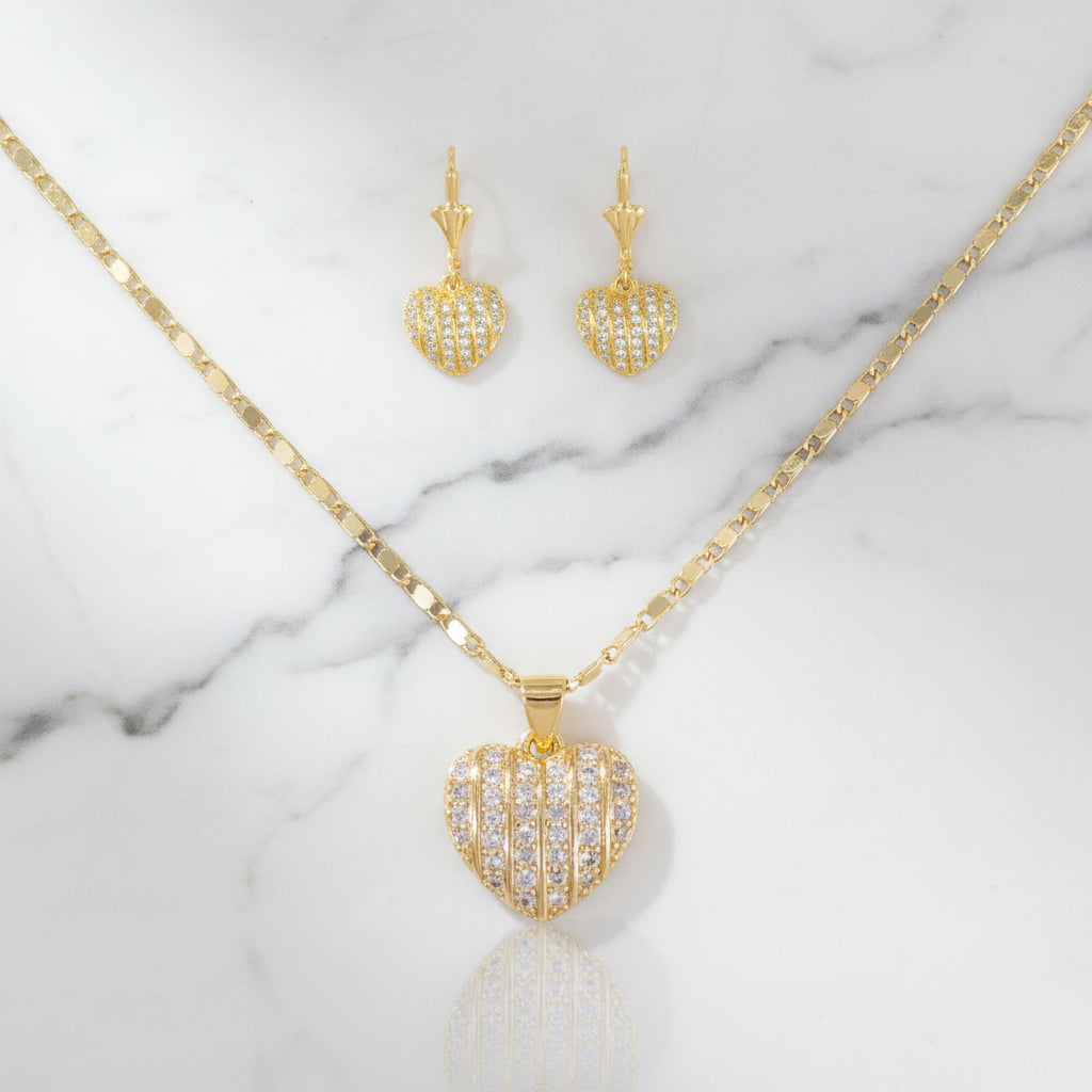18K Gold Filled Heart of Venice Domed Pavé Heart Necklace & Earrings Set