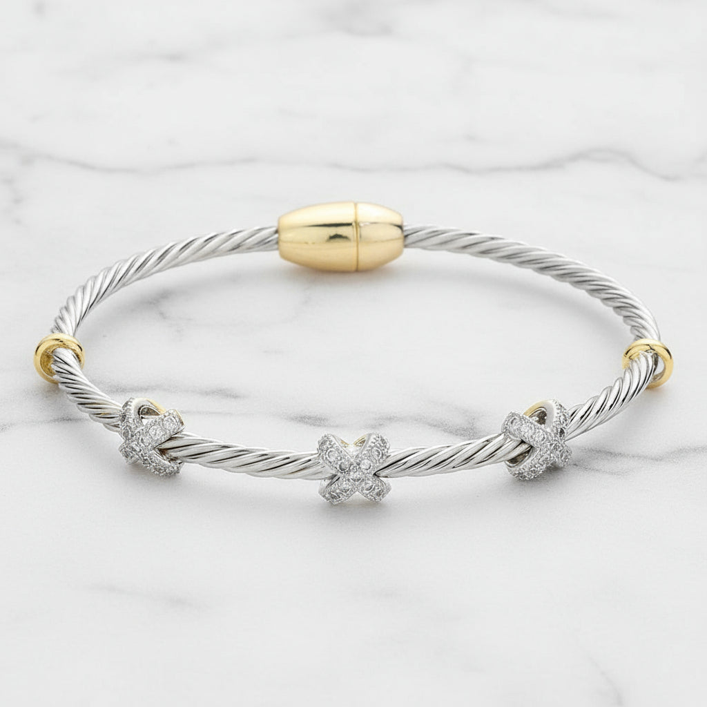 Two-Tone Cable Crisscross Bangle Luxe Pavé Knot Magnetic Bracelet