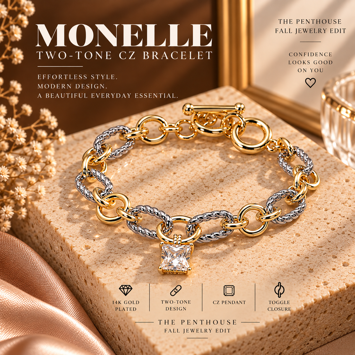 Monelle 14K Gold Plated Two-Tone CZ Toggle Bracelet