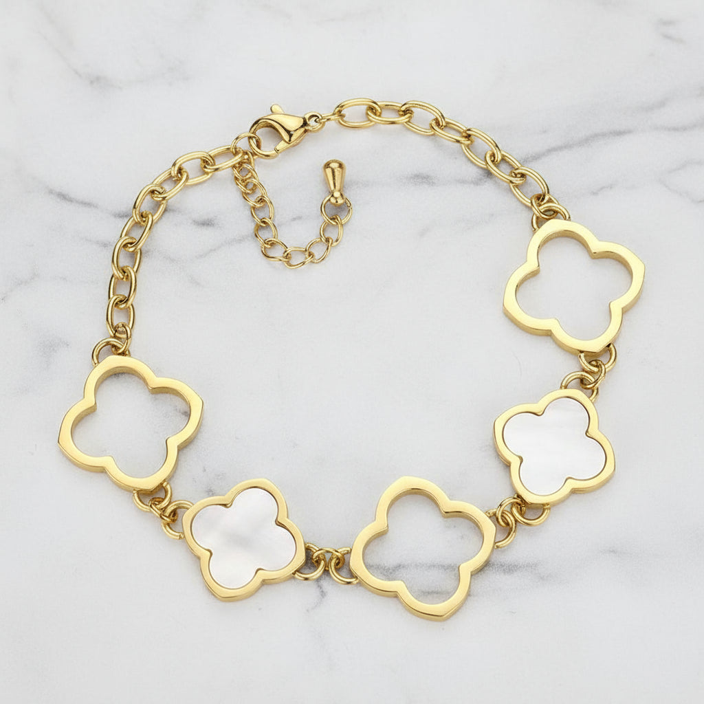 Clover Bliss Gold Mother Of Pearl Reversible Stainless Steel Bracelet