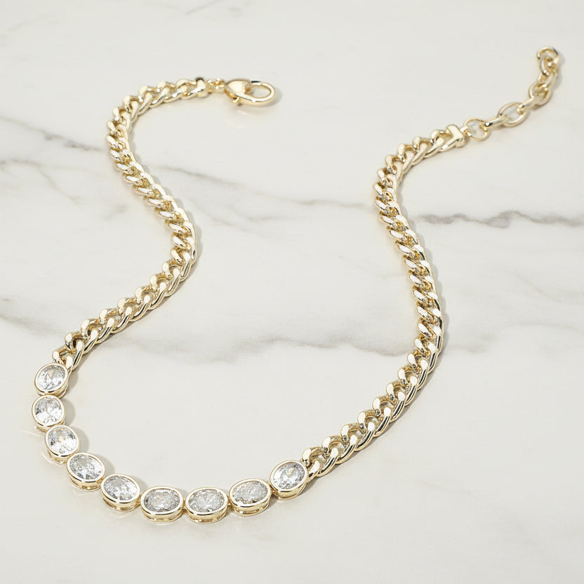 Monarch Bezel Curb Chain Necklace 14K Gold Plated CZ Link