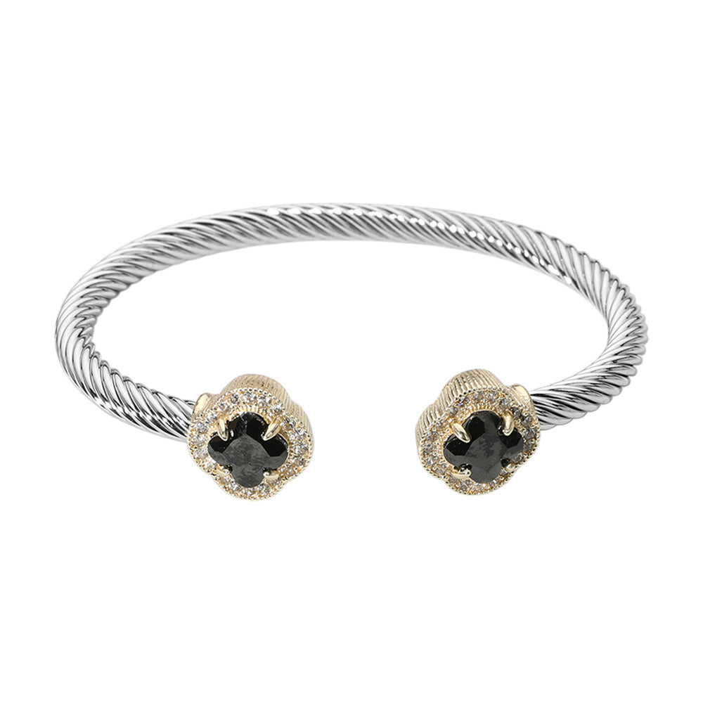 Luxe Quatrefoil Twisted Cable Cuff Two-Tone Stone Tip Bangle