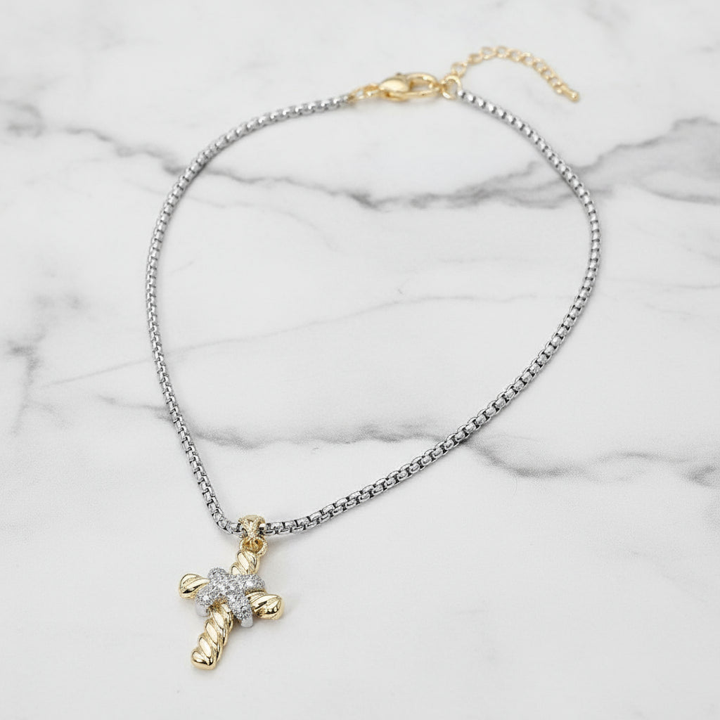 Two-Tone 14K Gold Plated Rope Twist Cross CZ Necklace