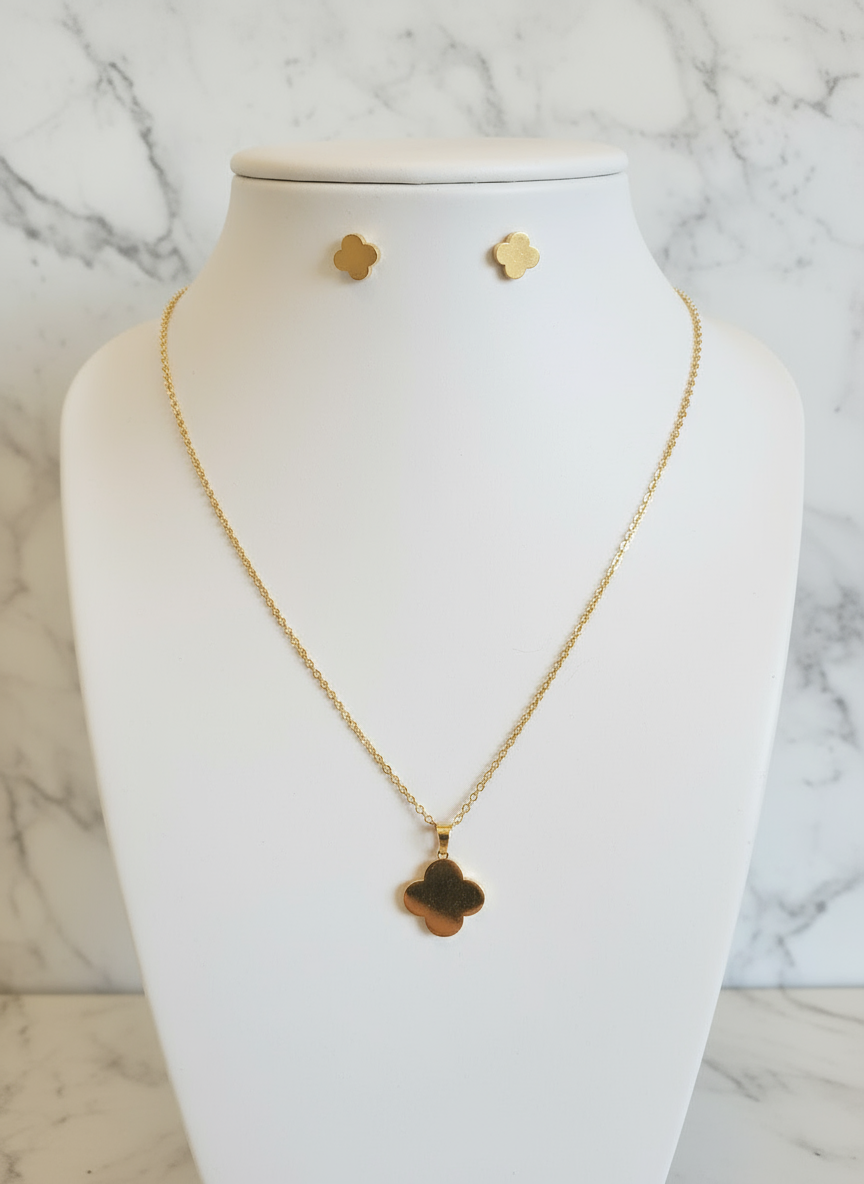 Stainless Steel Clover Set | Gold or Silver Quatrefoil Necklace & Studs