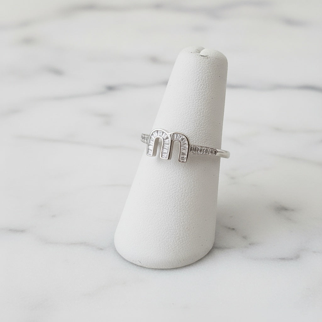 CZ Baguette Initial Ring (M) | Adjustable Silver Plated Monogram Ring