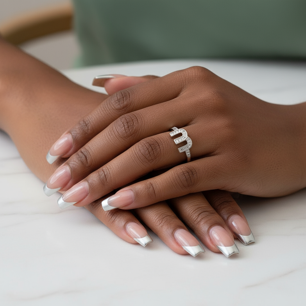 CZ Baguette Initial Ring (M) | Adjustable Silver Plated Monogram Ring