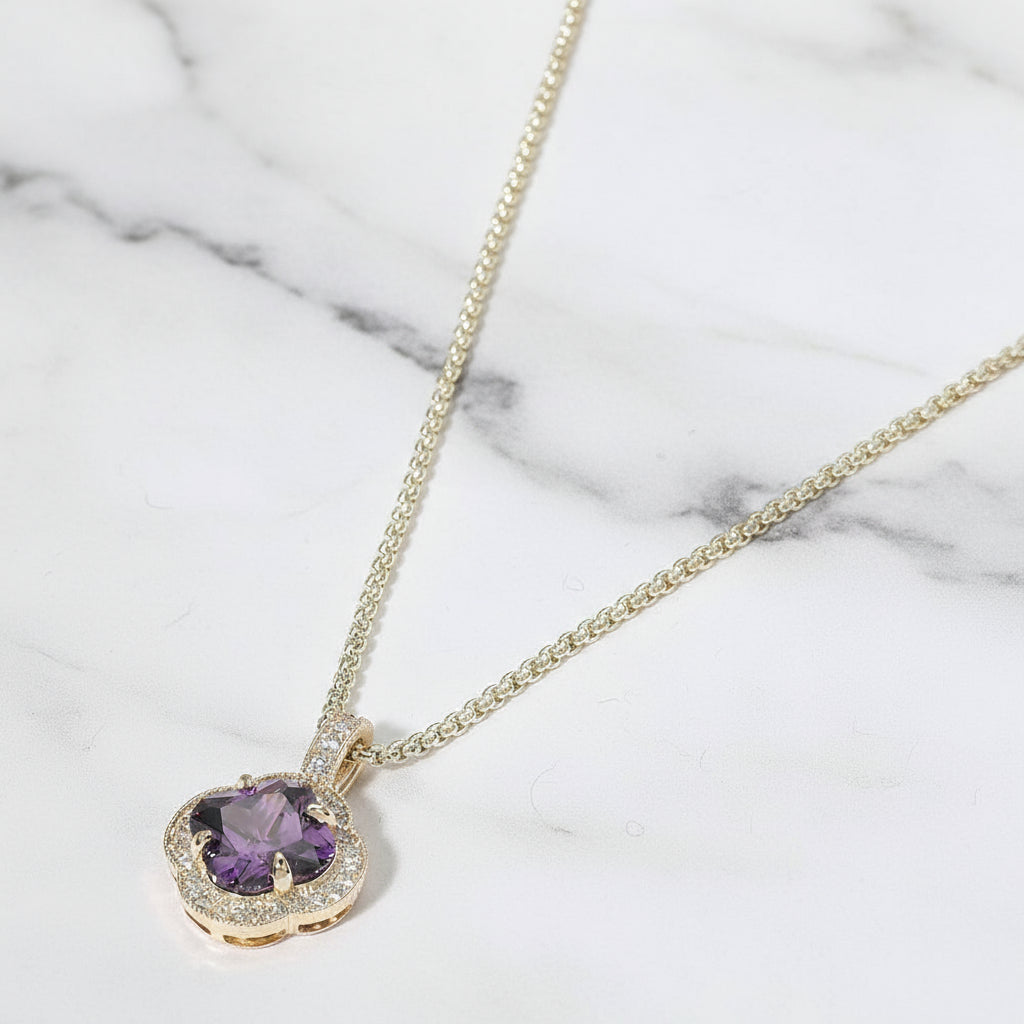 Amethyst Clover Pavé Necklace 14K Gold Plated Quatrefoil CZ Pendant