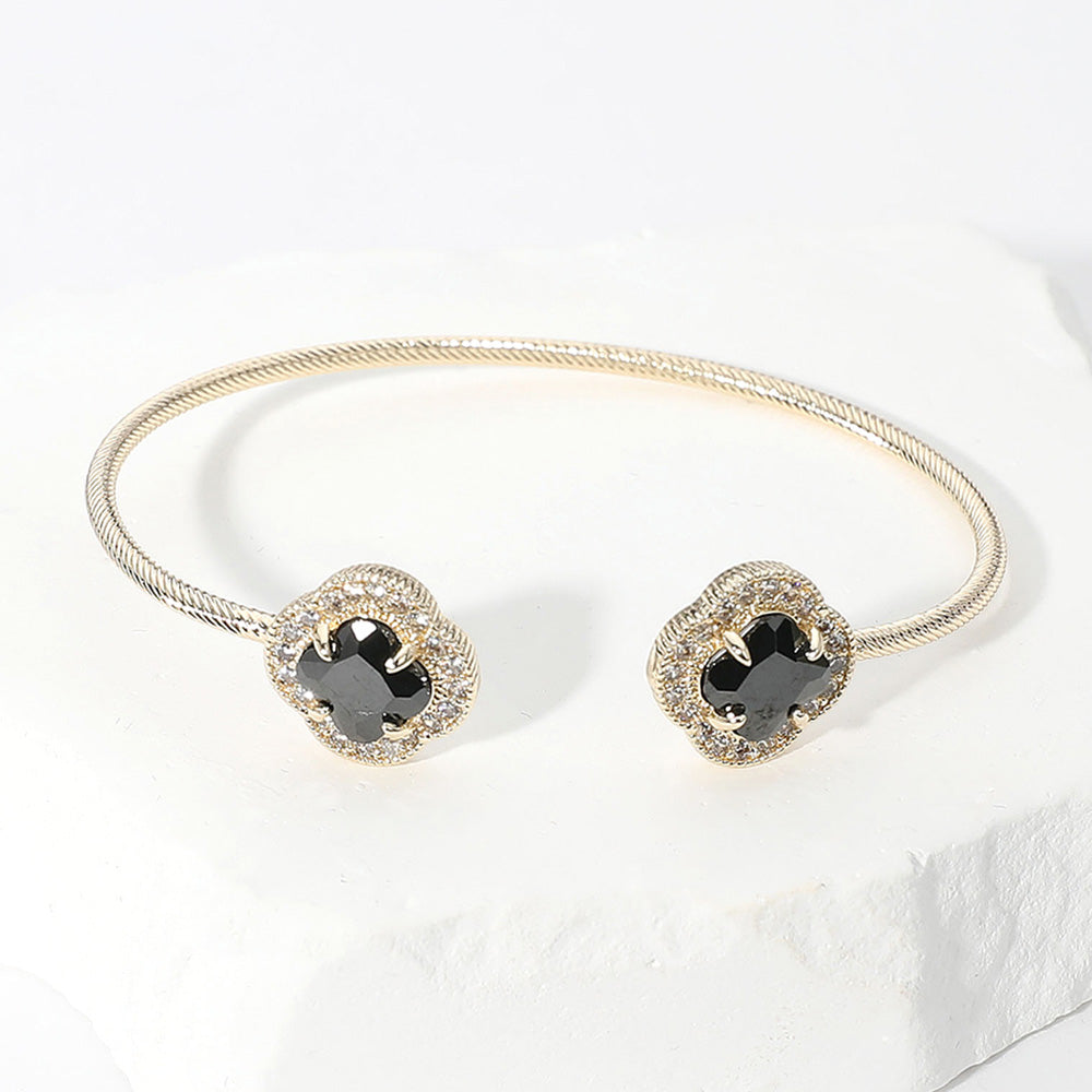 Two-Tone Quatrefoil CZ Open Bangle (Amethyst & Black)