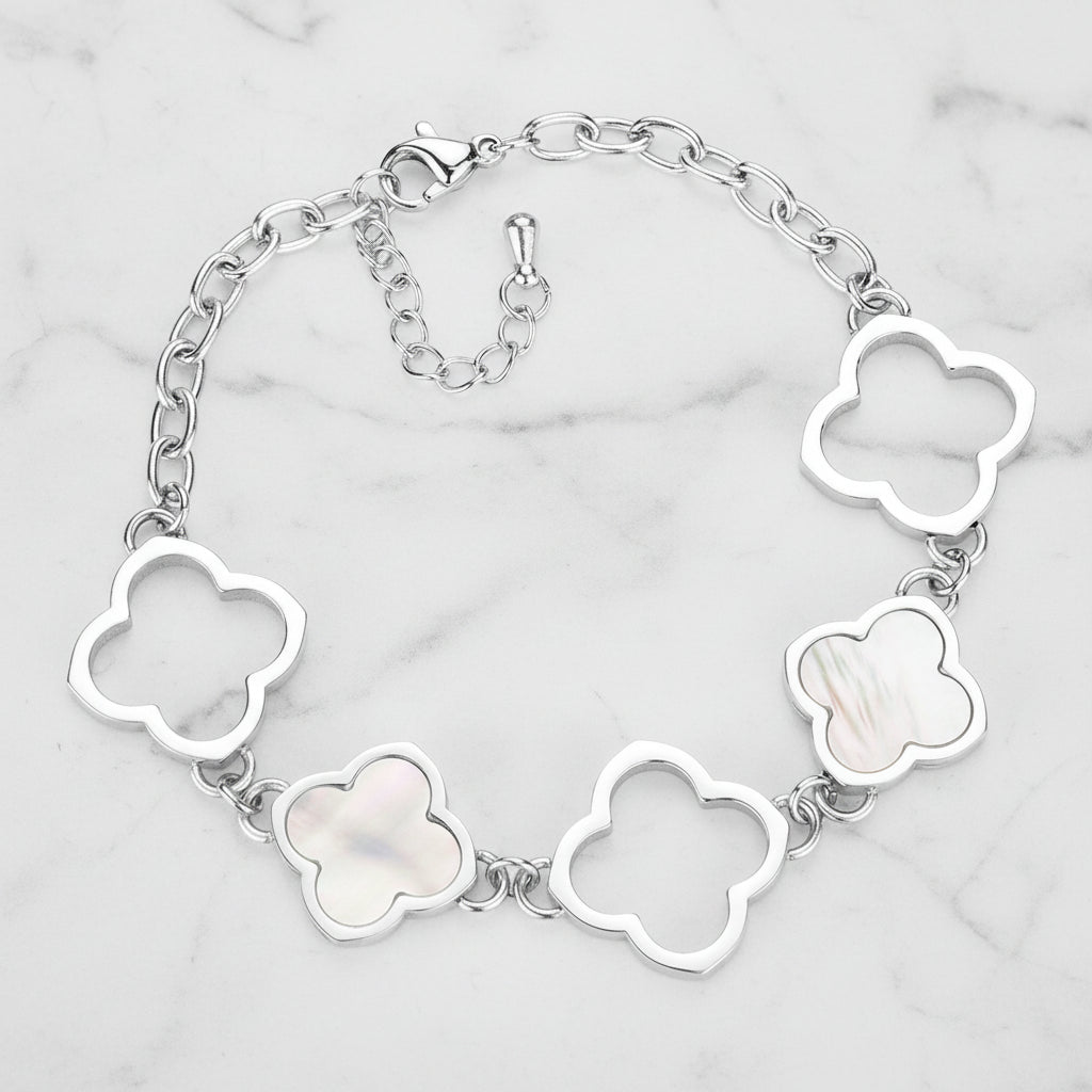 Clover Bliss Silver Mother Of Pearl Reversible Stainless Steel Bracelet
