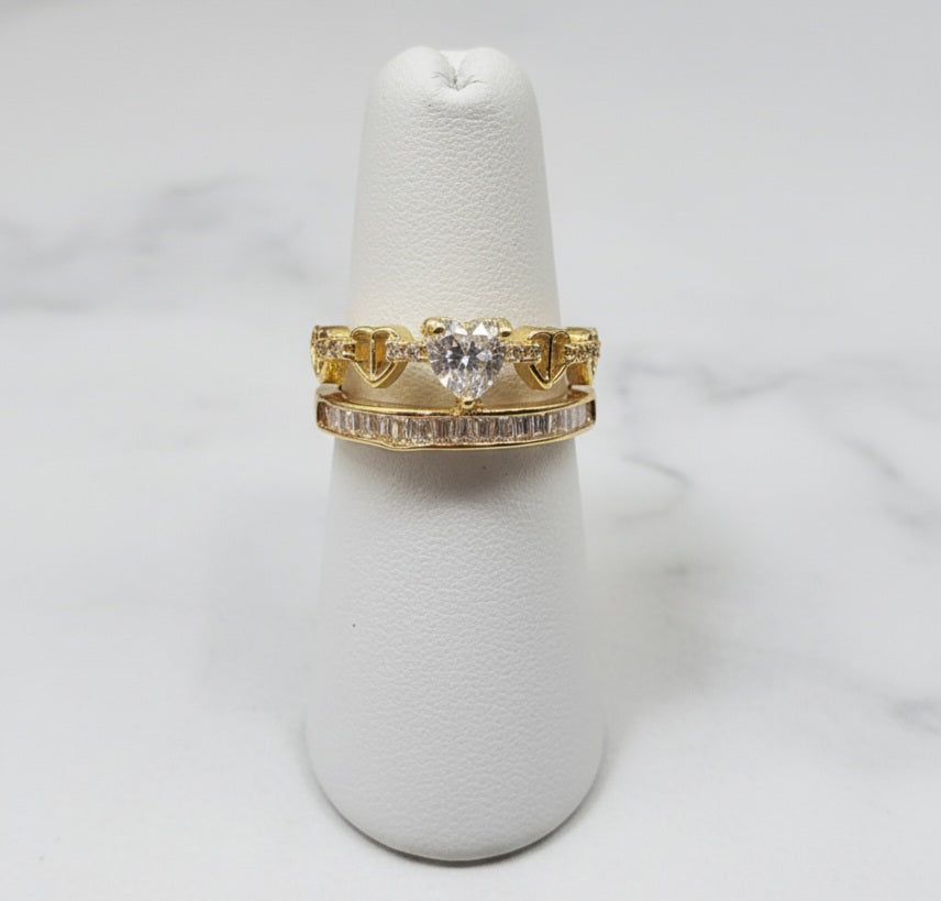 Gold Plated Adjustable CZ Heart Link Ring | Single Statement Band