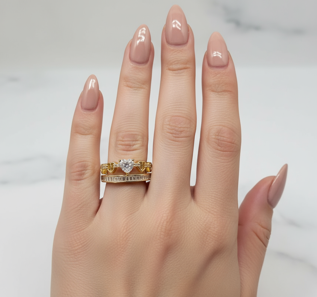 Gold Plated Adjustable CZ Heart Link Ring | Single Statement Band