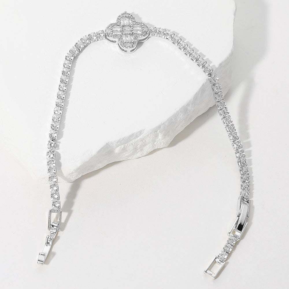 Dazzling Clover Baguette Stone Cluster Tennis Chain Bracelet