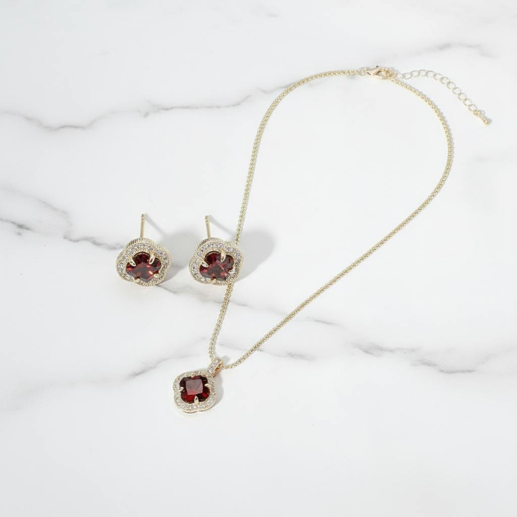 Garnet Clover Pavé Set 14K Gold Plated Quatrefoil CZ