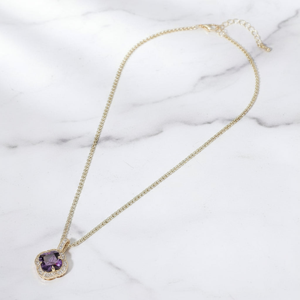 Amethyst Clover Pavé Necklace 14K Gold Plated Quatrefoil CZ Pendant