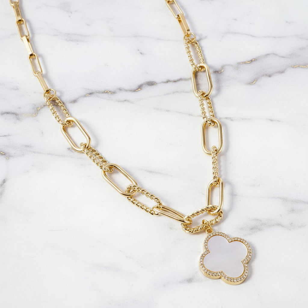 Bold Clover Lariat Paper Clip Necklace | Gold Dipped Quatrefoil Pendant