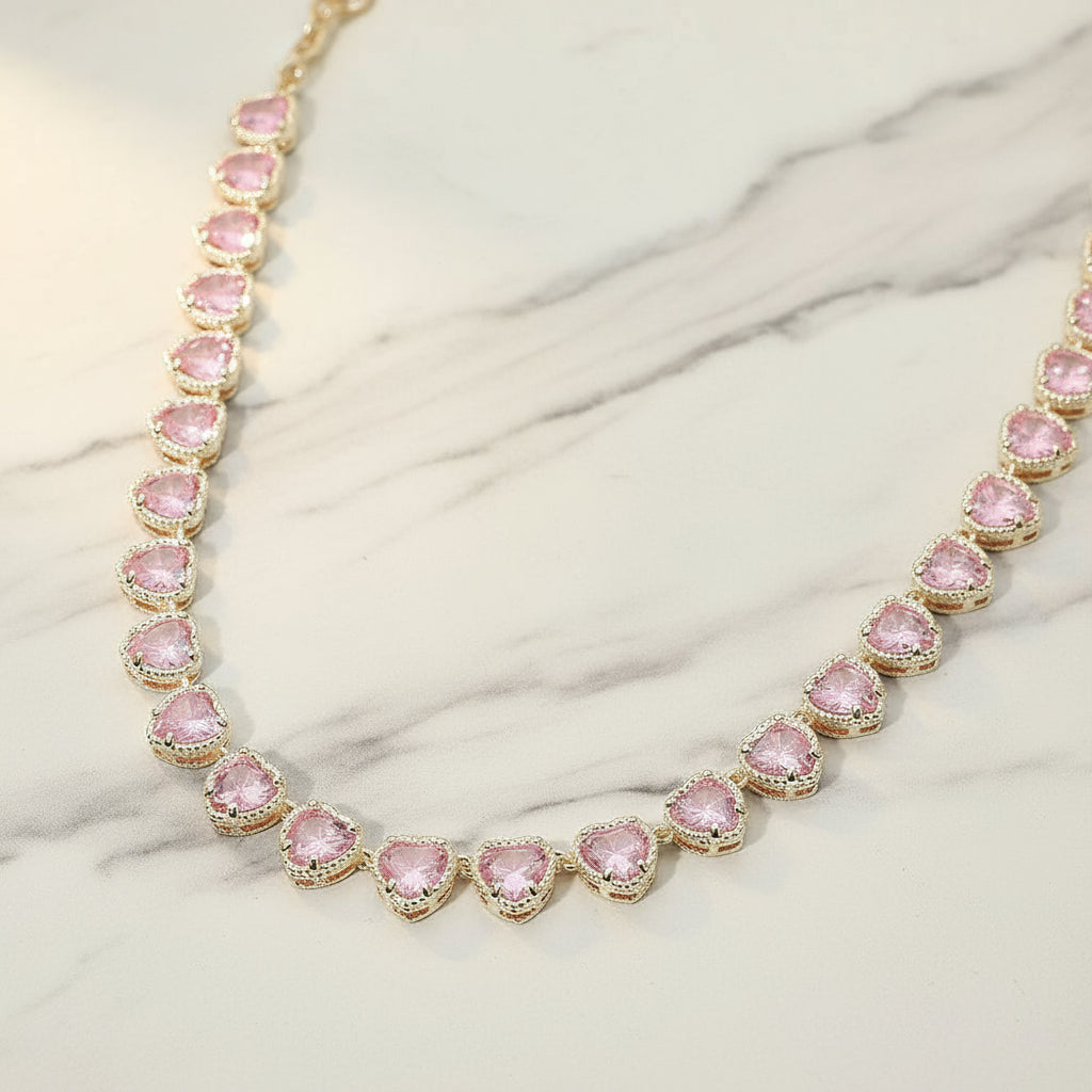 Pink Pavé Heart Tennis Choker 14K Gold Plated Heart Stone Link Necklace