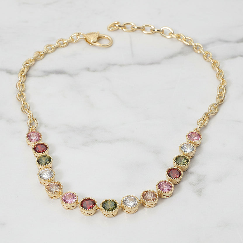 Bella Colorful Round CZ Cluster Link Necklace 14K Gold Plated