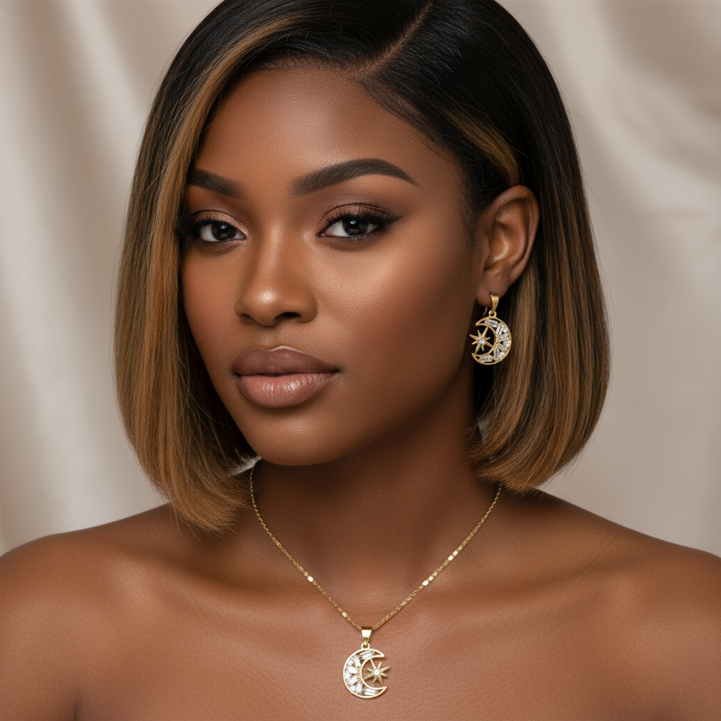 18K Gold-Filled Celestial Moon & Star Set | Baguette CZ Lunar Necklace & Earrings