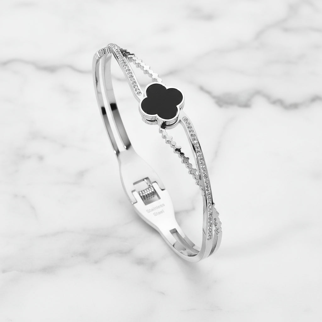 Mena Clover Stone Paved Stainless Steel Hinged Bangle