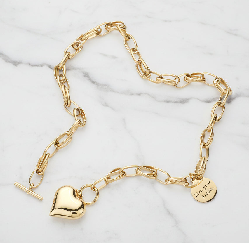 Live Your Dream Heart Toggle Necklace 14K Gold Plated