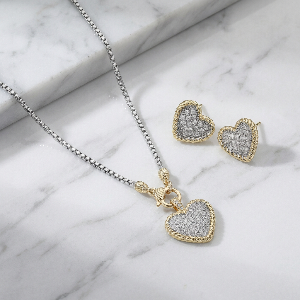 Eternal Glow Two Tone Heart Jewelry Set | Necklace & Studs