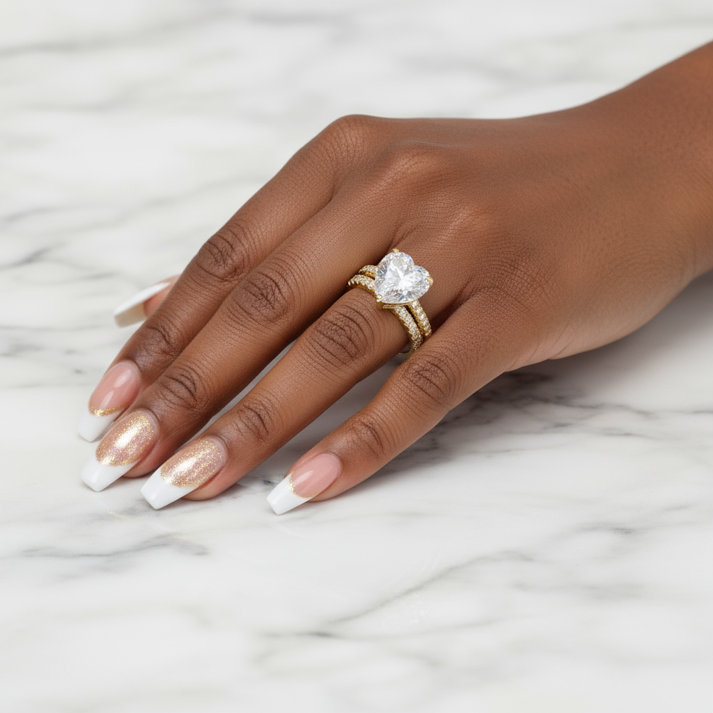 18K Gold-Filled Heart Cut Engagement Ring Set | Pavé CZ Band Duo