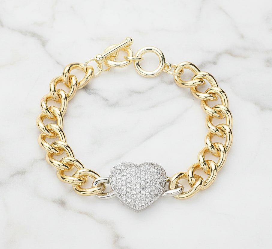 Gold CZ Heart Chain Bracelet 14K Gold Plated