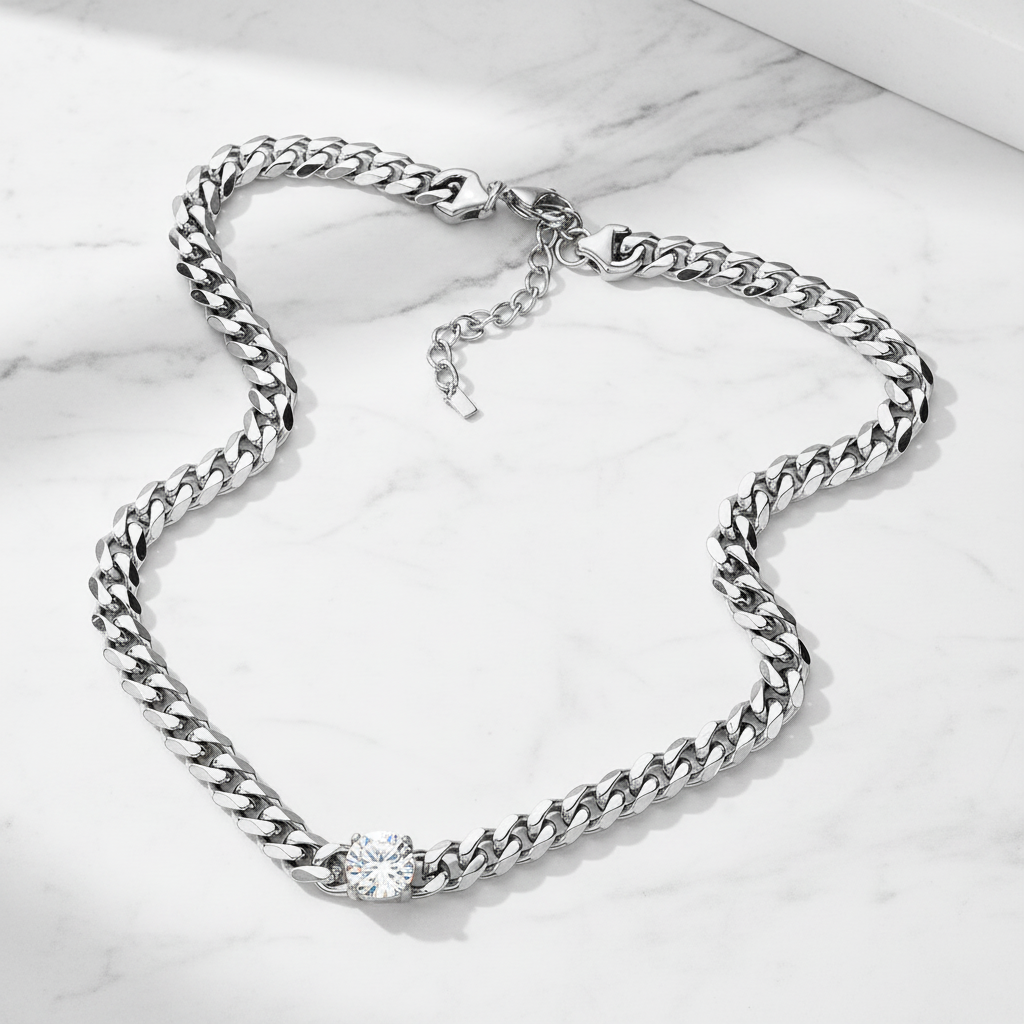 Rhodium Round CZ Chain Link Necklace – Stainless Steel Statement Chain