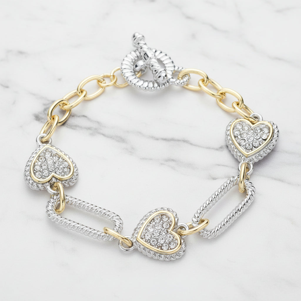 Two-Tone Pave Heart Toggle Bracelet – 14K Gold Plated Textured Link