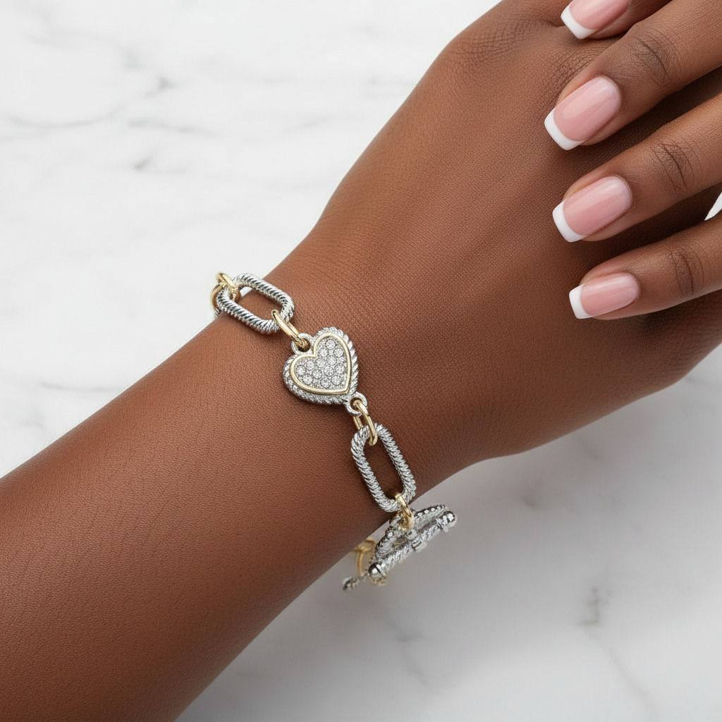 Two-Tone Pave Heart Toggle Bracelet – 14K Gold Plated Textured Link