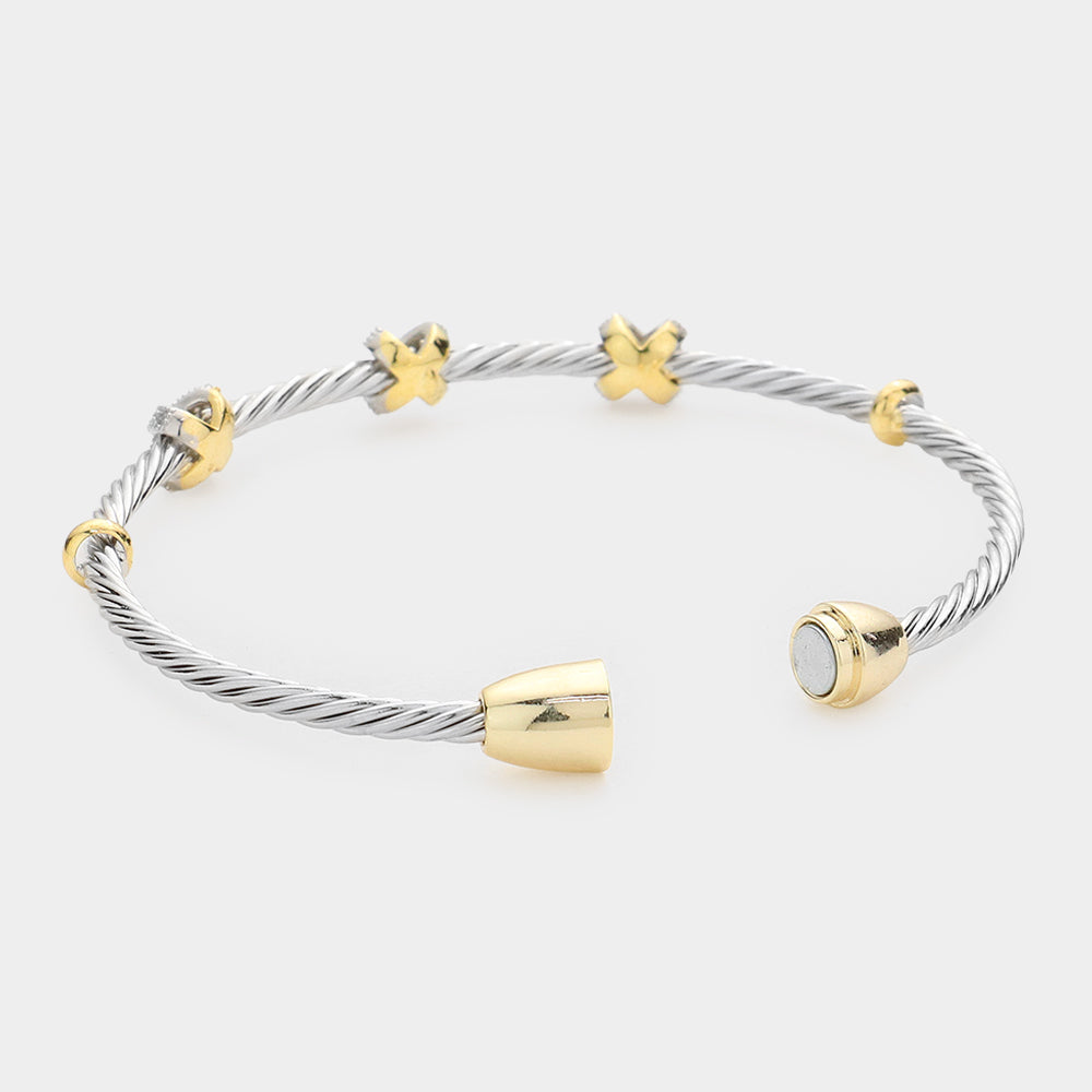 Two-Tone Cable Crisscross Bangle Luxe Pavé Knot Magnetic Bracelet