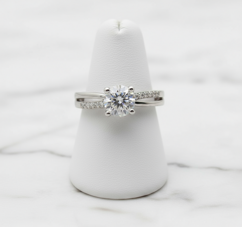 Rhodium Plated Adjustable CZ Solitaire Ring | Crisscross Pave Band