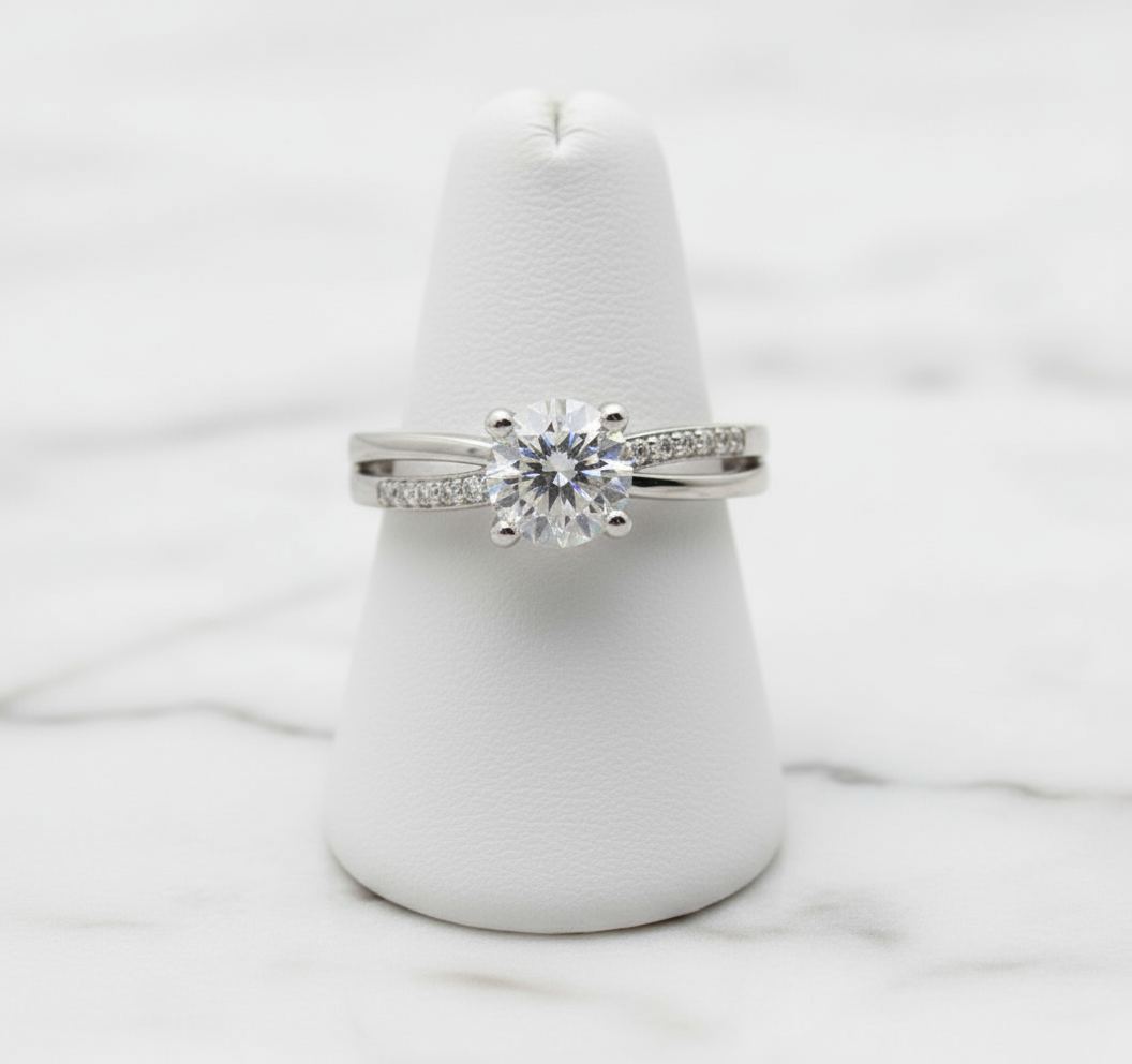 Rhodium Plated Adjustable CZ Solitaire Ring | Crisscross Pave Band