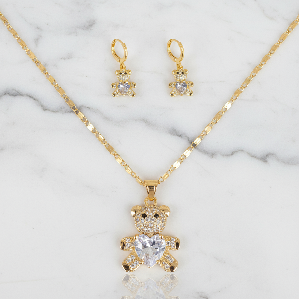 18K Gold-Filled Teddy Bear Heart Pendant Necklace and  Earrings Set
