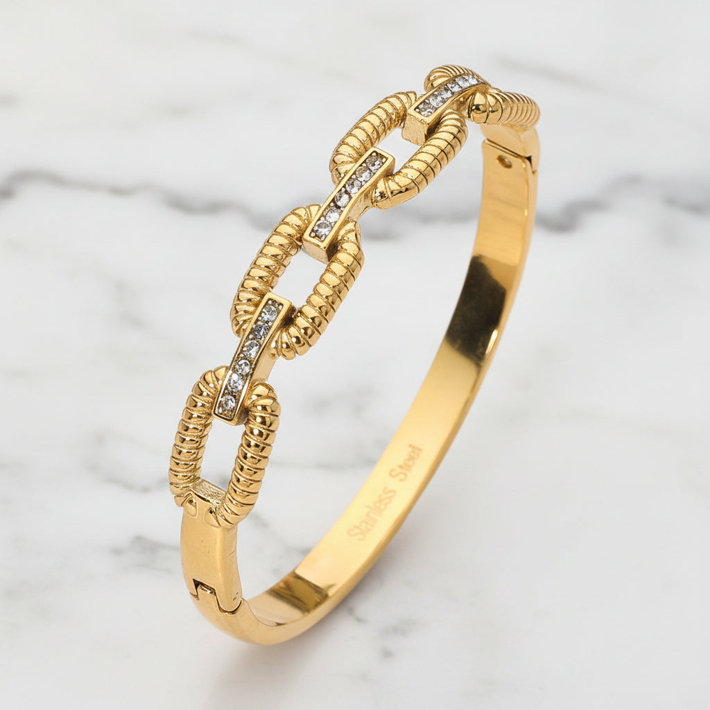 Luxe Link CZ Bar Hinged Bangle Bracelet Stainless Steel