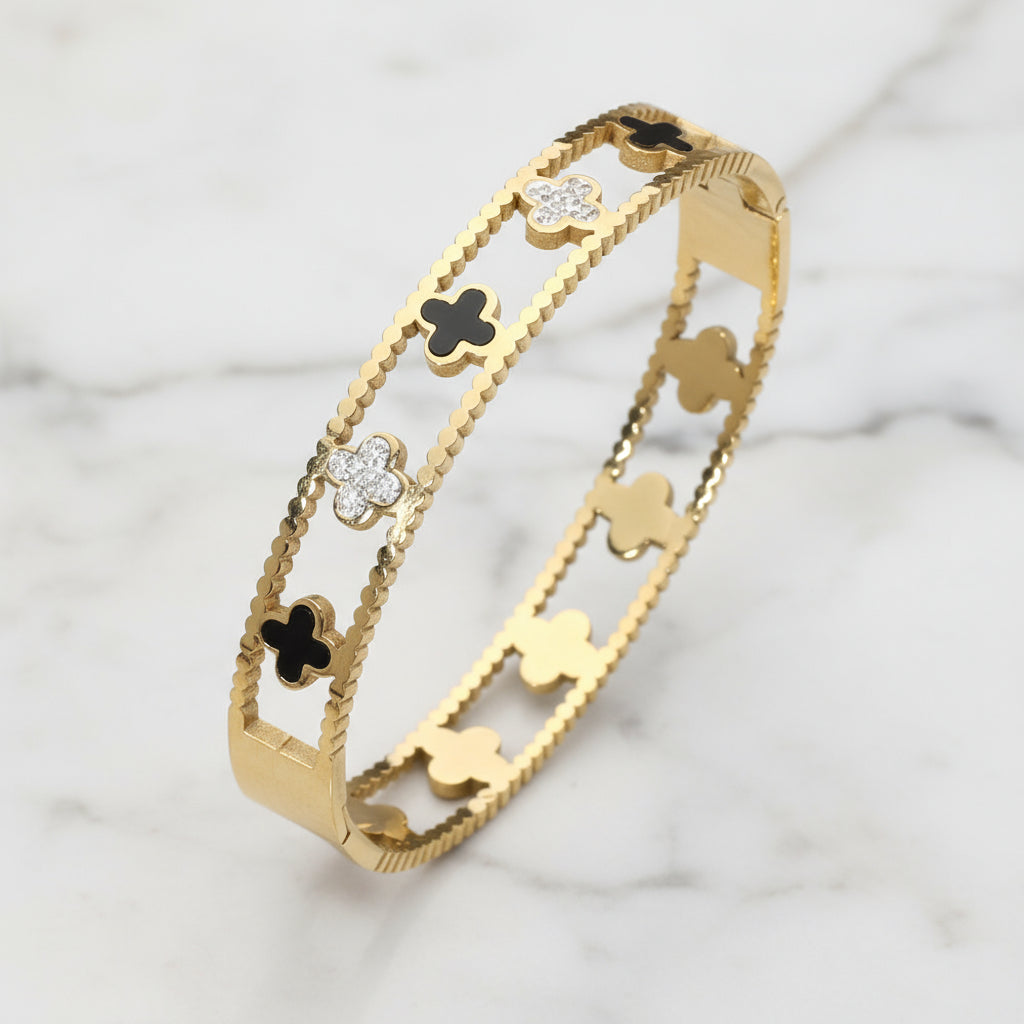 Lucky Bloom Stainless Steel Hinged Bangle Bracelet