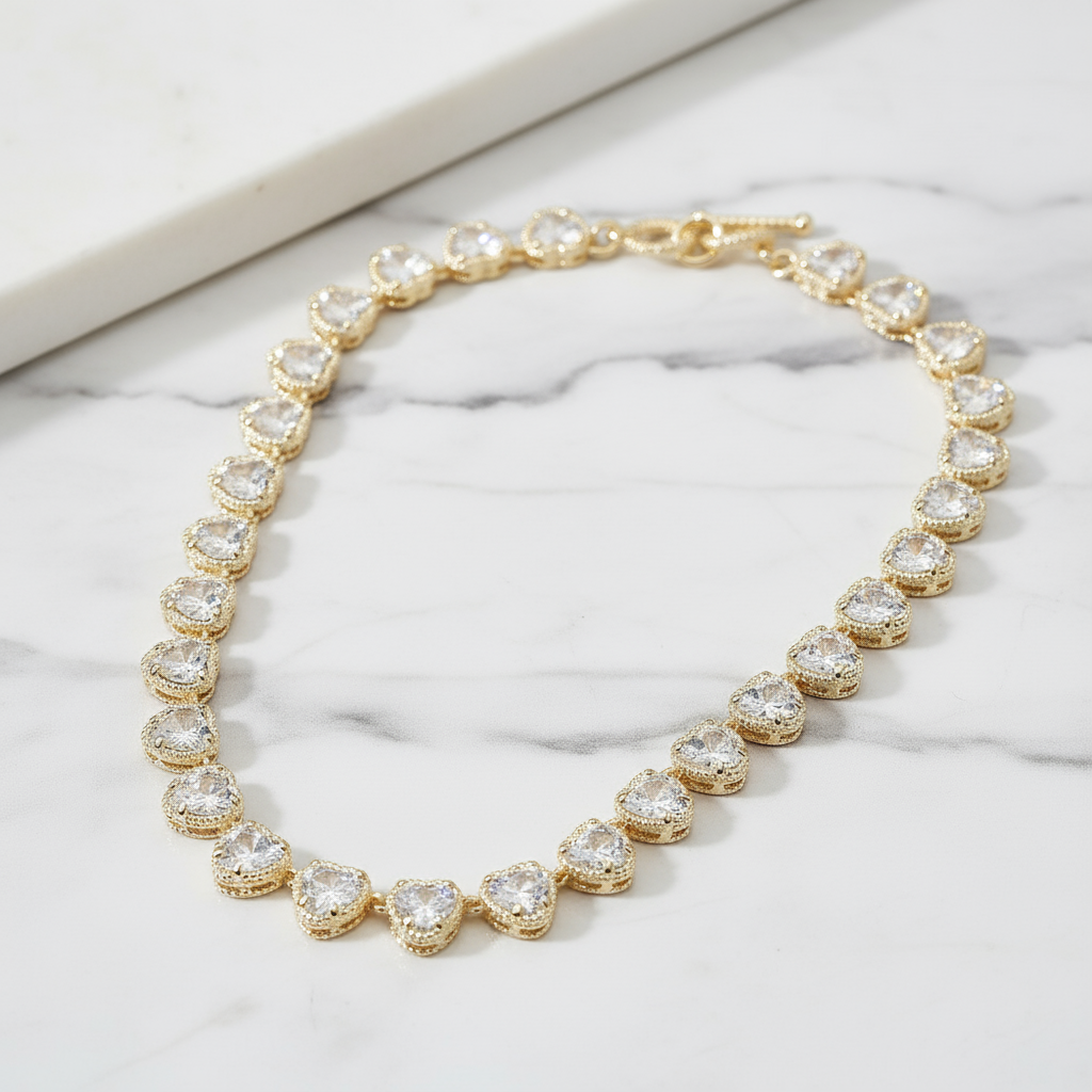 Classic Pavé Heart Tennis Choker 14K Gold Plated Clear CZ Link Necklace