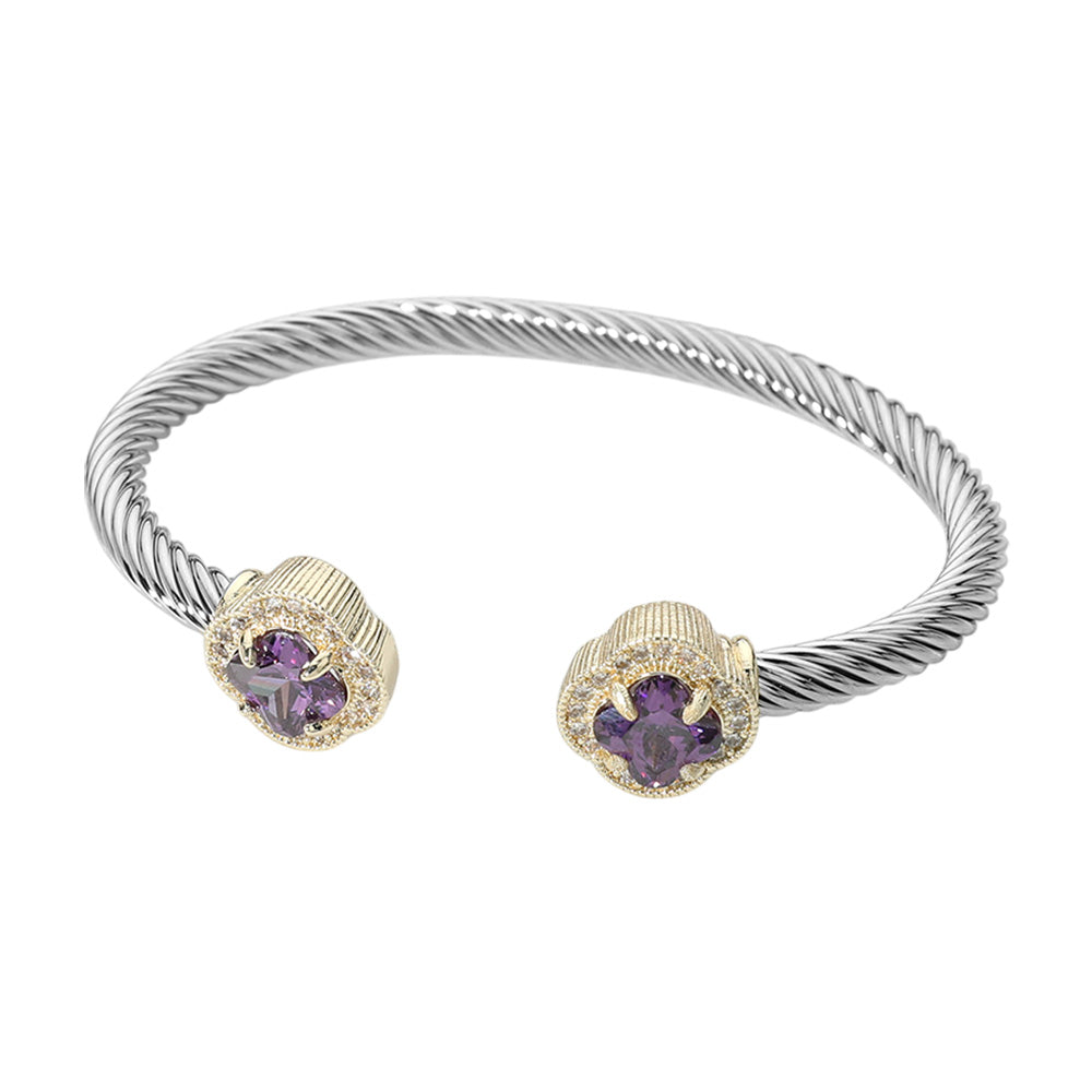 Luxe Quatrefoil Twisted Cable Cuff Two-Tone Stone Tip Bangle