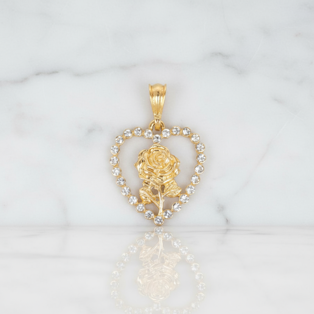 18K Gold-Filled Heart Rose CZ Charm Pendant | Water Resistant