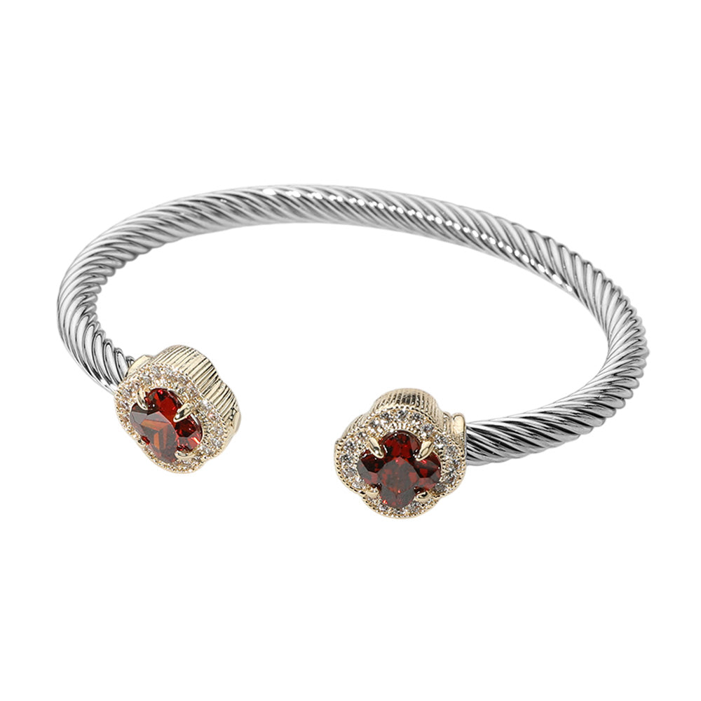 Luxe Quatrefoil Twisted Cable Cuff Two-Tone Stone Tip Bangle