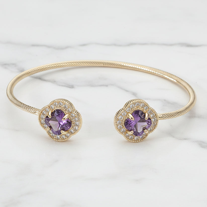 Two-Tone Quatrefoil CZ Open Bangle (Amethyst & Black)